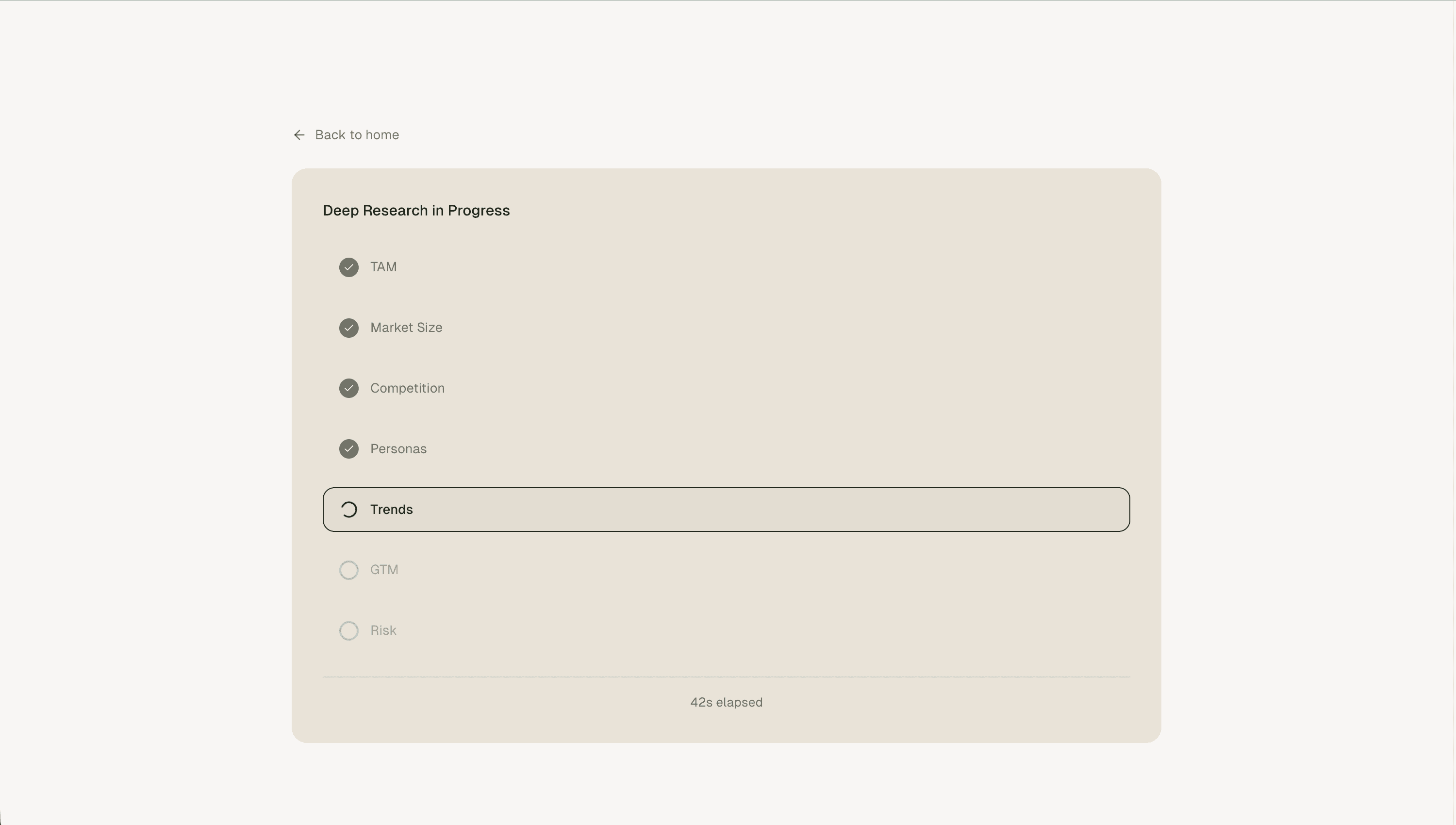 Deep research in progress — TAM, market size, competition, personas, trends, GTM, risk